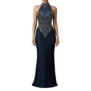 Lillie Rubin Navy‎ Blue Silk Beaded Halter Evening Gown Maxi Dress Womens 6